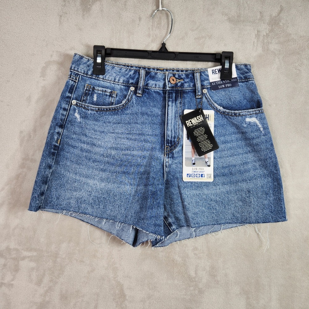 Rewash Tomboy Shorts Womens 7/28 Blue Denim Raw Hem Low Pro Rigid Casual New